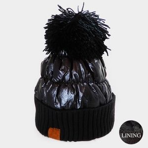 Shiny Black Fur Pom Pom Style Winter Beanie Hat Fashion Statement Accessories
